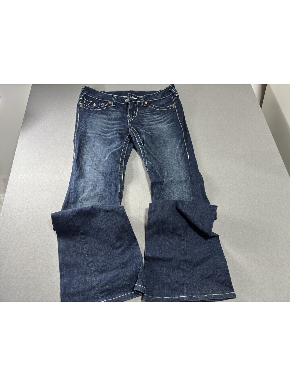 True Religion Joey Bootcut Jean Women Sz 30 Fit Dark Blue Distressed+Stretch L39